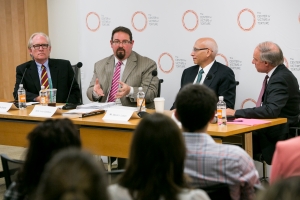 Expert panel (left to right): Professor Crane, Ambassador CdeBaca, Professor Luban, and Curt Goering. Photo: Kristoffer Tripplaar 
